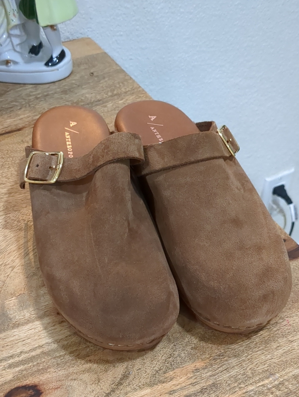 Anthropologie Brown Suede Clog Slides with Gold Buckles